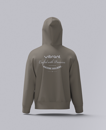 The Machine Builders Hoodie back artwork in Faded Grey featuring Vibrant fabrication design