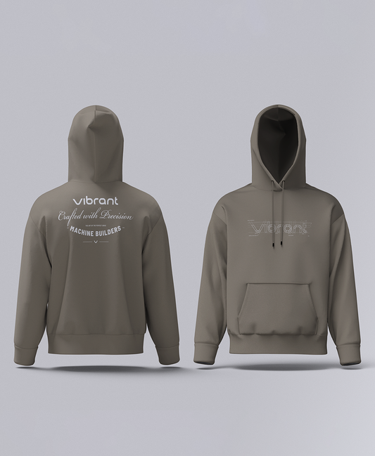 The Machine Builders Hoodie front view, women's fit in Faded Grey heavyweight fleece